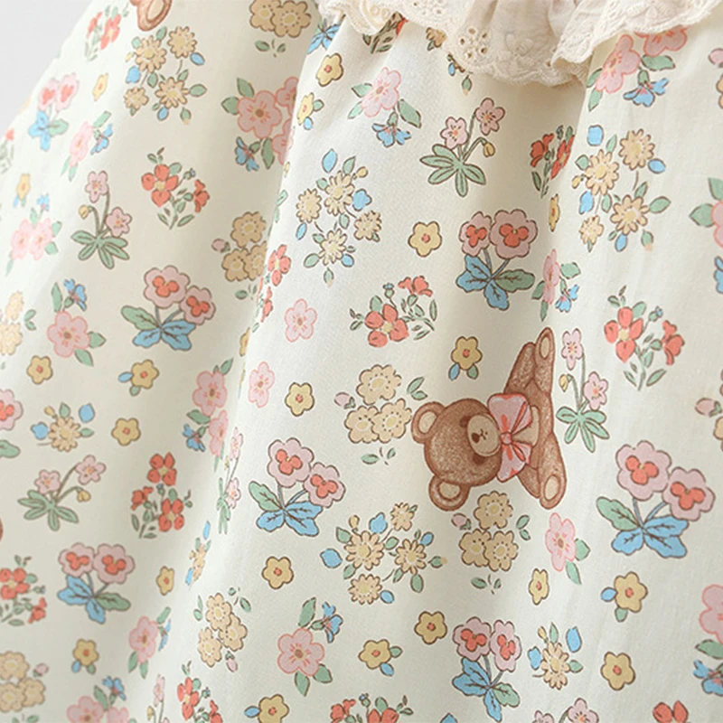 Summer Bear Flower Printed Cotton Dress For Kids Girl With Lace Collar Cartoon Princess Dress For Baby Kids