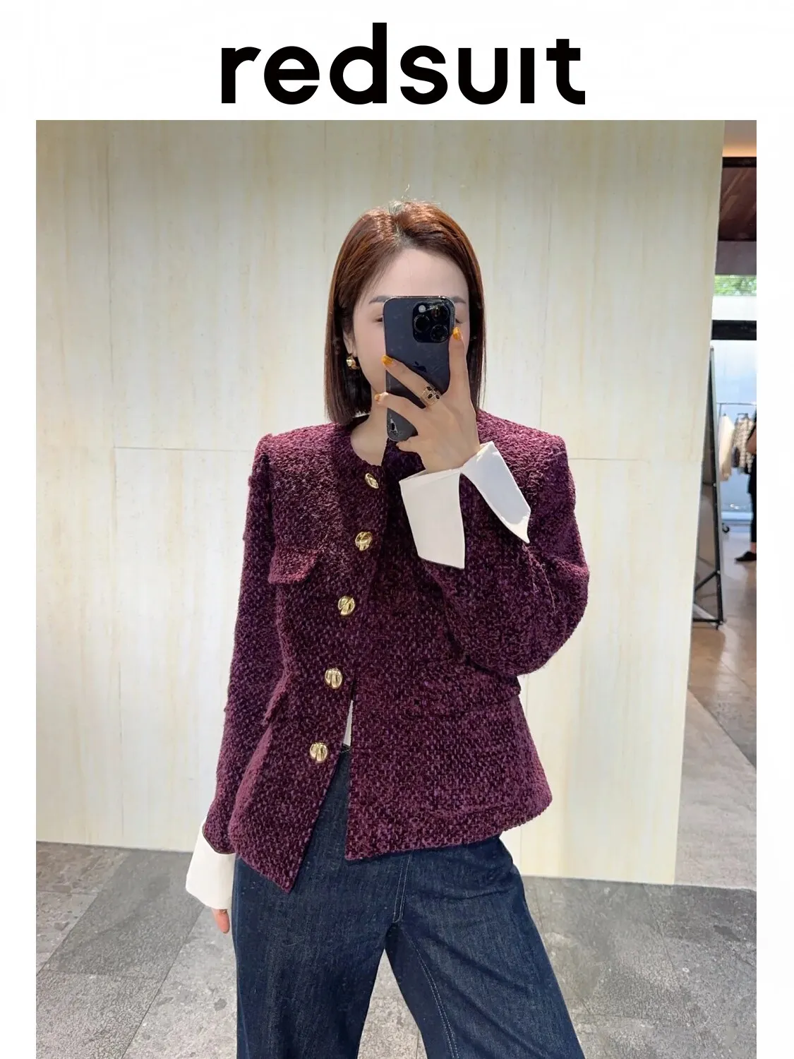 New Retro purple round neck comfortable slimming commuting jacket top Can customize size