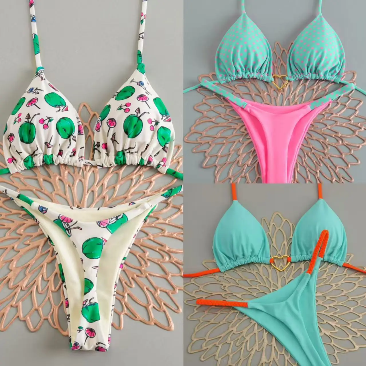 Women's Heart Ring Tie Side Bikini Set Solid & Fruit Print 2 Piece Swimsuit Low Waist High Cut Thong Swimwear Beach Bathing Suit