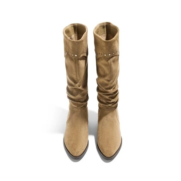 Retro Stack 2026 Women's Fashion New Pleated Knee-High Boots Pointed Western Style Rider Boots