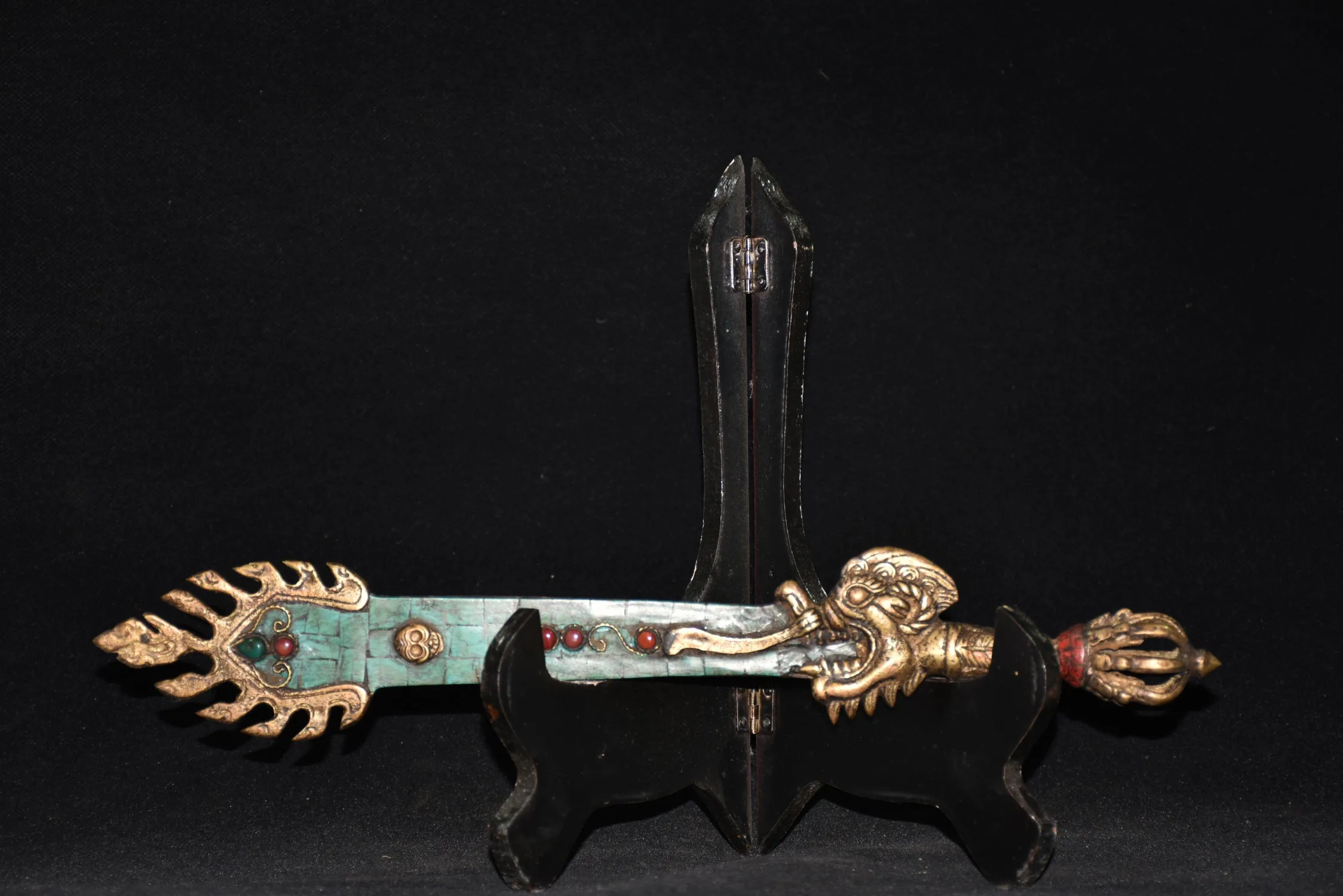 Old China Collections Old Bronze Mosaic Gem Turquoise Animal Head Manjusri Bodhisattva Sword Amulet Dharma Town House