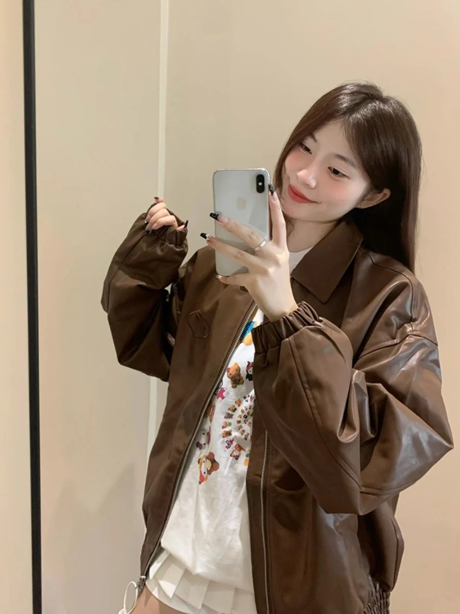 Große Größe American Sle Coffee PU Leder Jaet Damen Herbst Neue High-End Lose Heavy Du Paar Motorrad Jaet