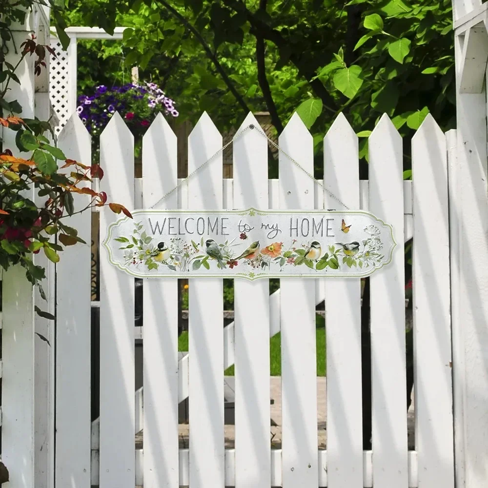Welcome to My Home Sign, Decorative Wall Plaque with Birds and Floral Design, 31.5 x 8.3 inches, White