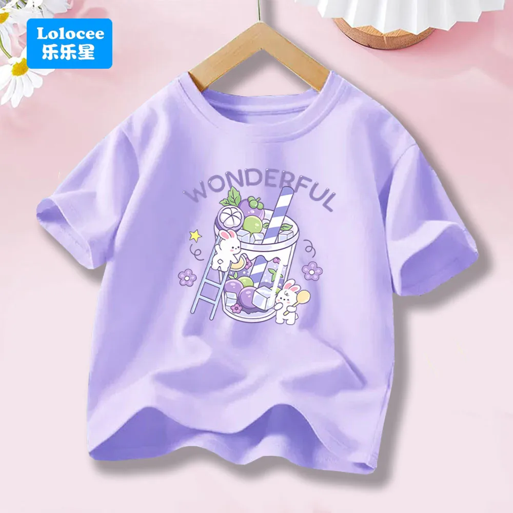 Girls Summer Short Sleeve Cotton T-shirt Fresh Fruit Drink And Bunny Print Kawaii Loose Kids Tops