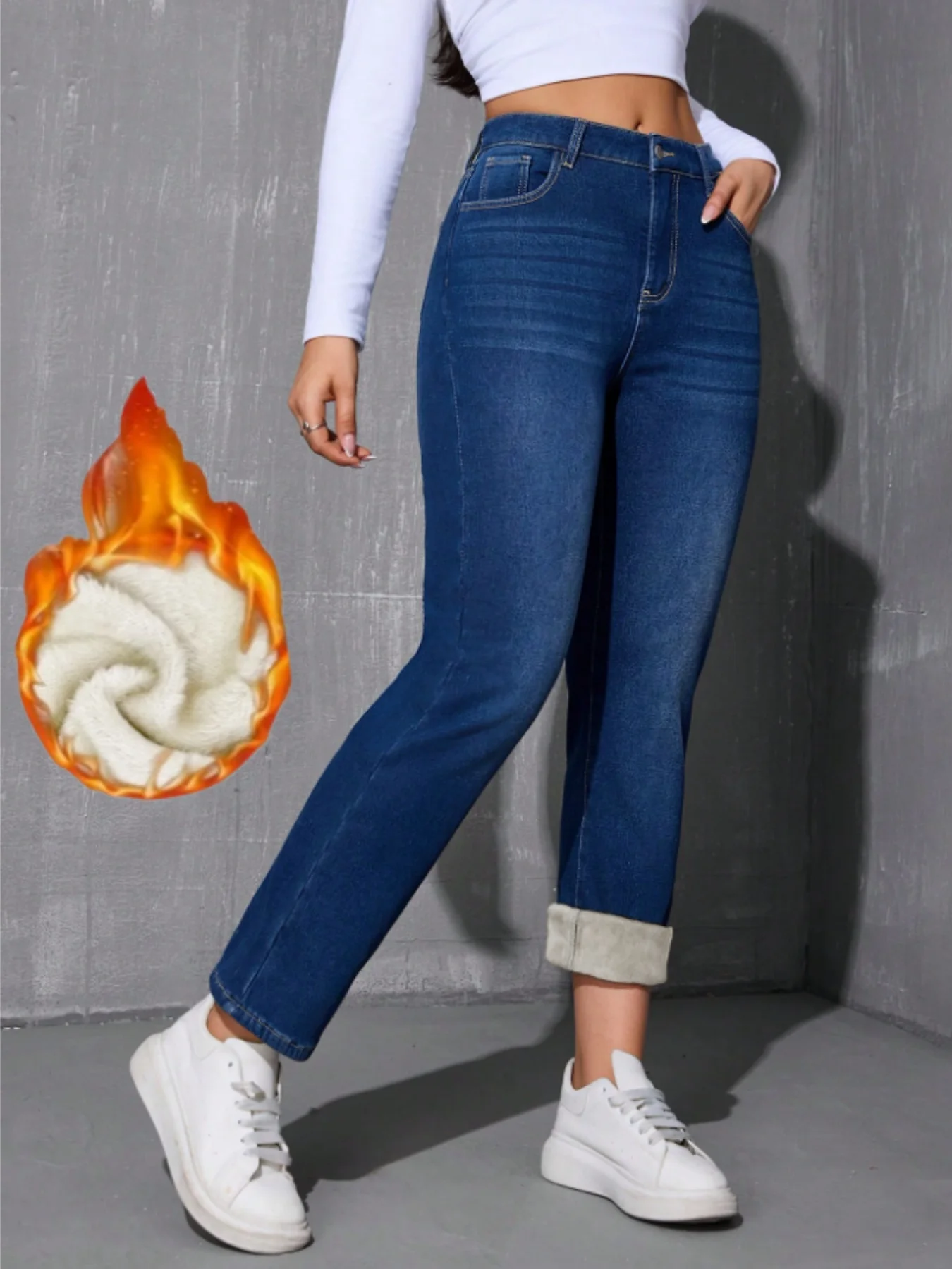 High Waist Straight Leg Dark Blue Washed Stretch Cuffed Cropped Pants Winter Thick Warm Figure Flattering Trendy Women Fleece Li