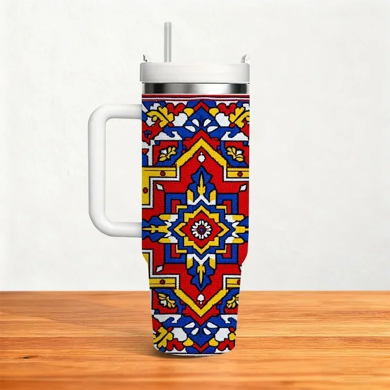 Stainless Steel Insulated Tumbler, 40oz, Intricate Traditional Persian Rug Inspired Symmetrical Geometric Floral Digital Print, Reusable Thermal Cup for Keeping Drinks Hot or Cold, Perfect for Office, Travel & Daily Beverage Use