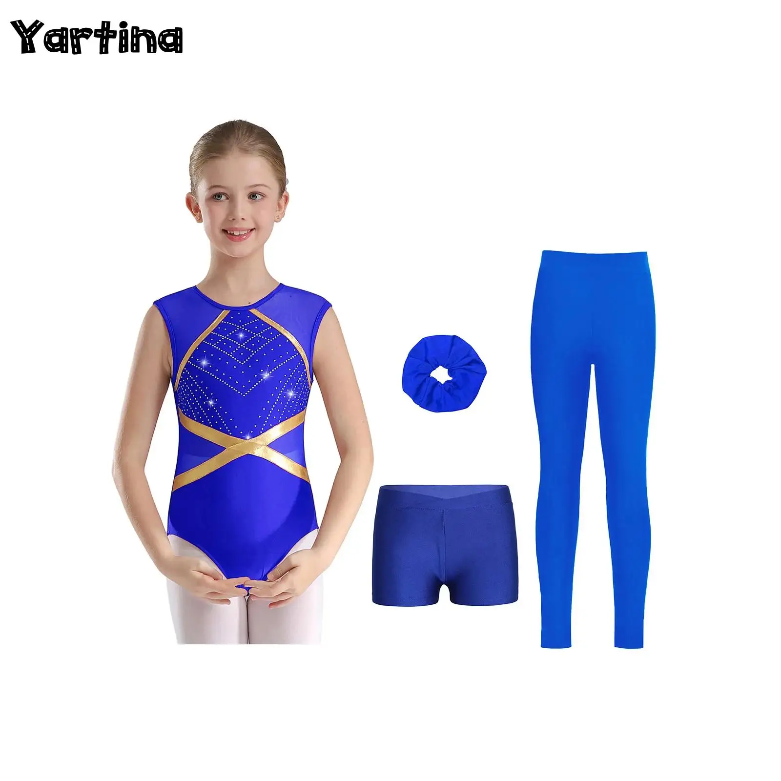 

Kids Girls Dance Gymnastics Figure Skating Ballet Dance Costume Glittery Rhinestones Leotard with Shorts Leggings And Headwear
