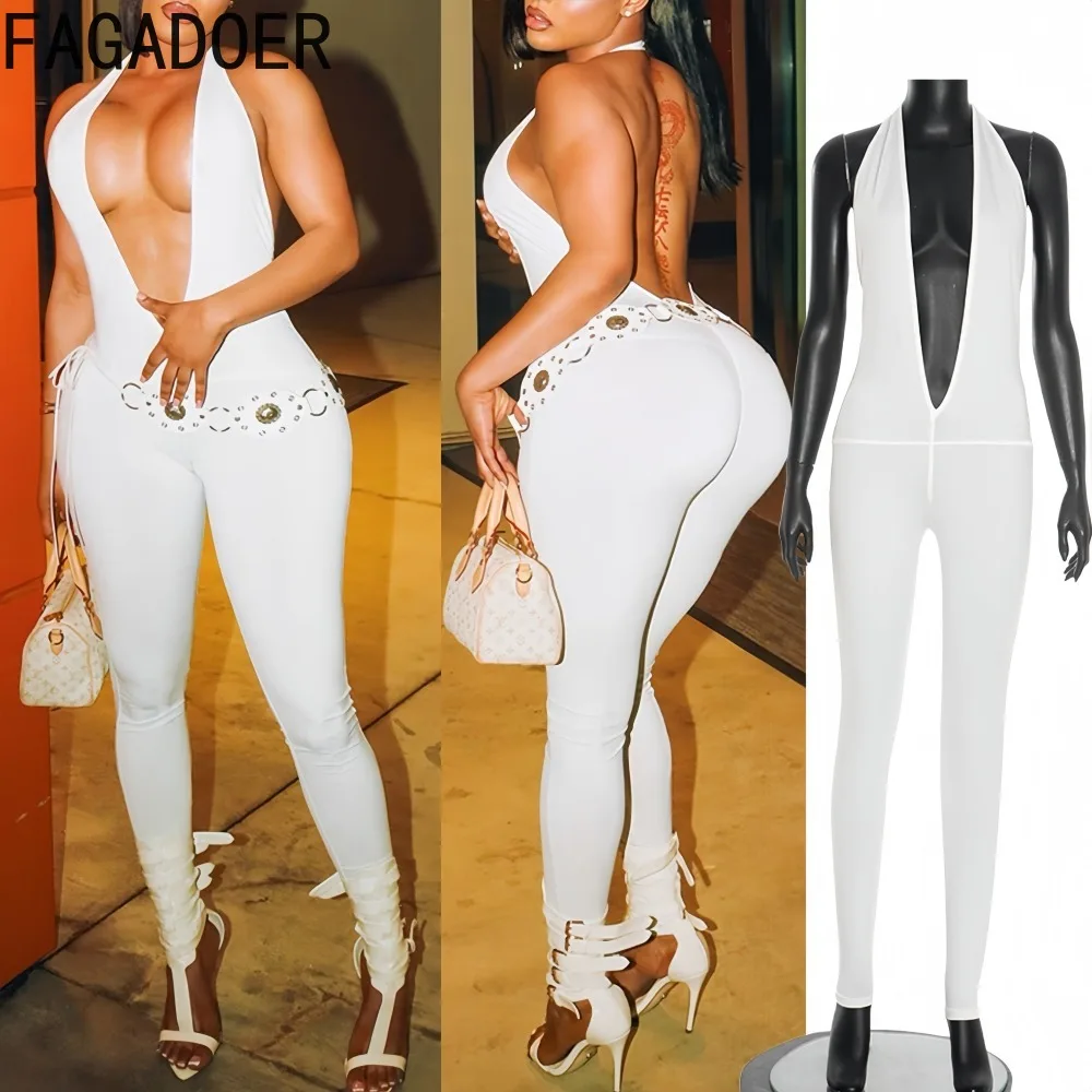 

FAGADOER Sexy Bodycon Jumpsuits Women Halter Deep V-neck Sleeveless Backless Rompers Female Streetwear Overalls 2025 Autumn New