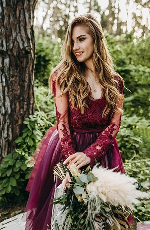 White And Burgundy Boho Wedding Dress V-Neck Open Back Lace Appliques Long Sleeves Country Bridal Gown Customized - AliExpress 320 White And Burgundy Boho Wedding Dress V-Neck Open Back Lace Appliques Long Sleeves Country Bridal Gown Customized - AliExpress 320