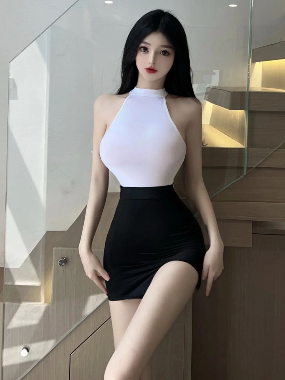 Fashionable Uniform Onesie Short Skirt Set Sleeveless Slim Fit Night Club Broadcasters Style Secretarial Trendy Two-Piece Suit