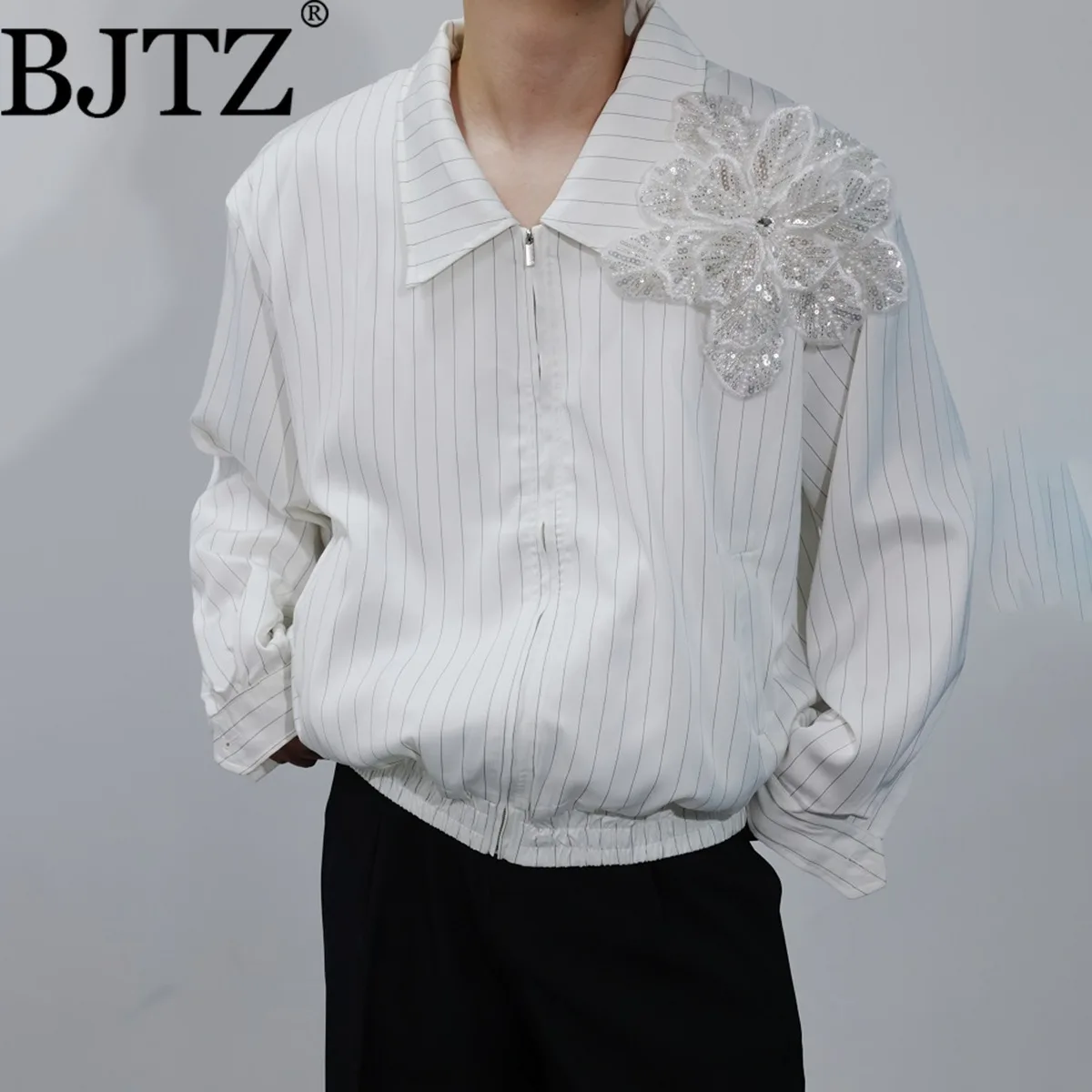 

BJTZ Women 3D Floral Detachable Striped Jacket 2025 New Arrival Designer Oversized Street Style Autumn Fall High Quality Casual