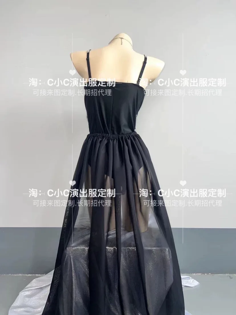 

Black Siamese Hollow Singer Costume Christmas Halloween Club Bar Sexy Female Sparkly Costumes