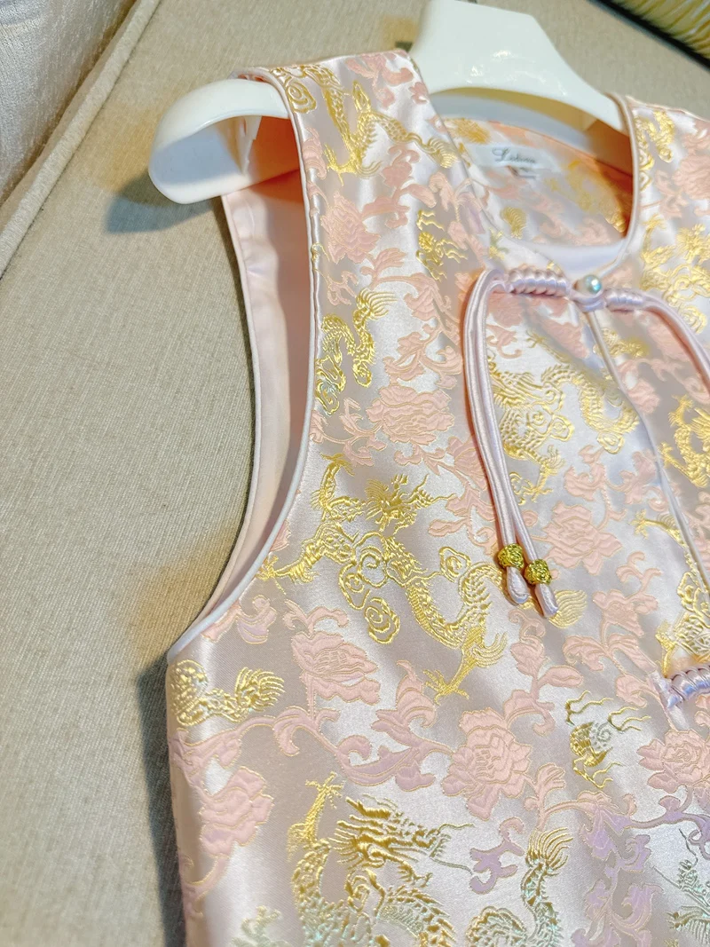 

Женский тюнет-жилет в китайском стиле в стиле ретро, розовый роскошный женский жилет с цветочной вышивкой, летний сезон, обычный ...