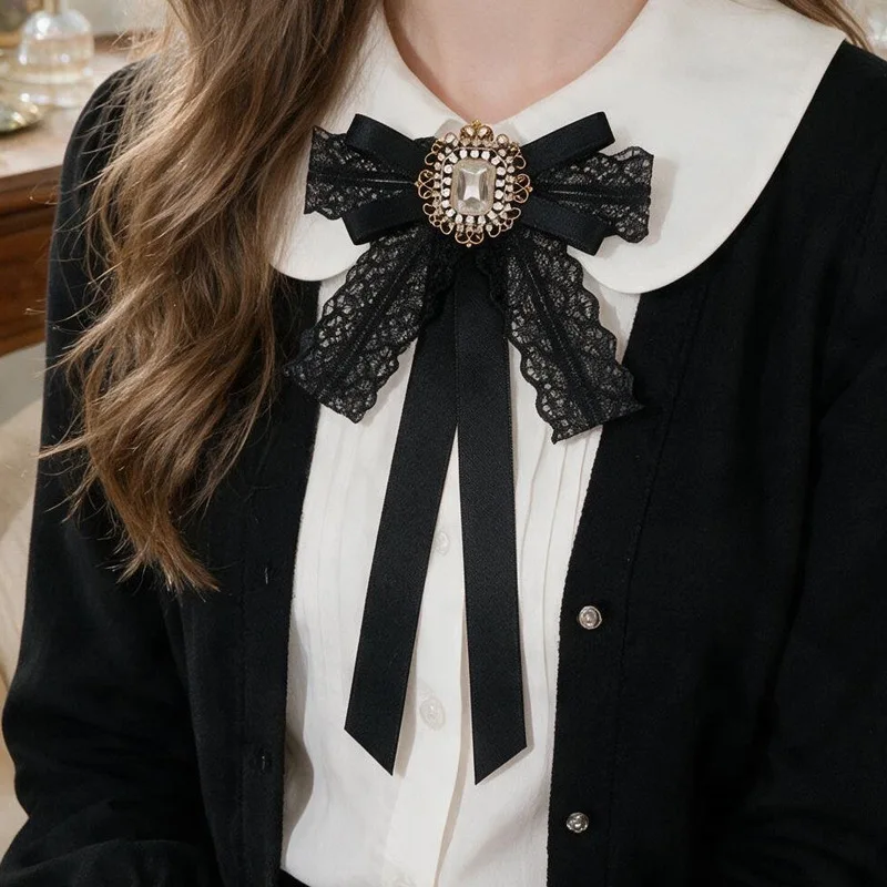 Korean Fabric Lace Bow Tie Rhinestone Ribbon Brooch Pins for Women Shirt Collar Daily Party Fashion Jewelry Accessory