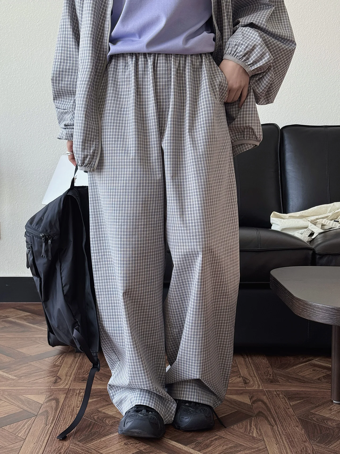 Spring and summer women's casual checkered high waisted loose wide leg pants