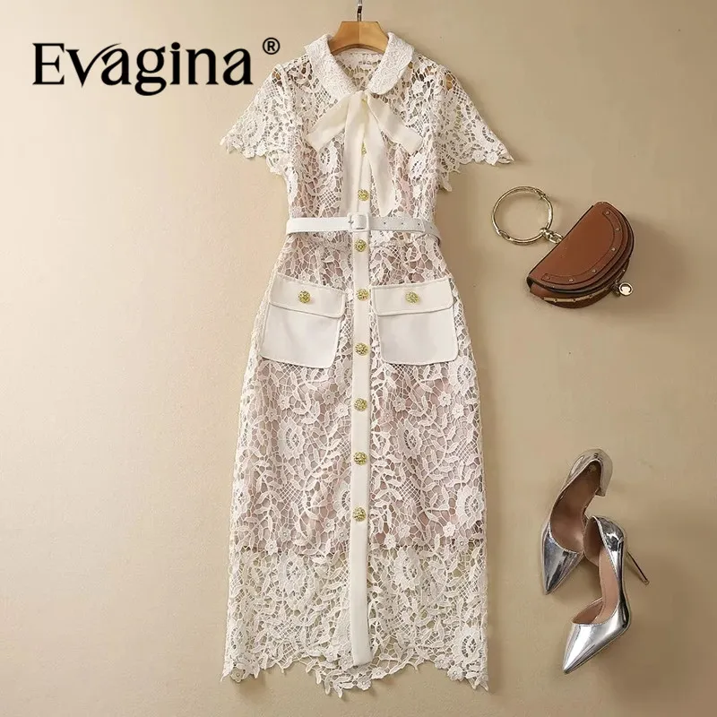 Evagina Fashion Women's New Peter Pan Collar Short-Sleeved Lace-Up Hollow Out Embroidered Lace Single-Breasted Belt MIDI Dress