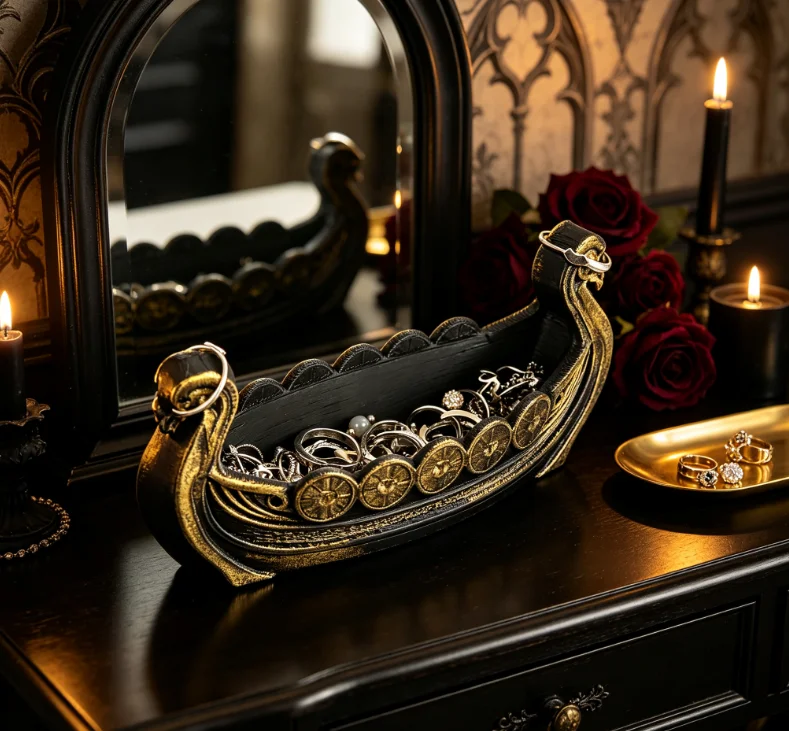 Cross‑border Vintage Viking Ship Jewelry Tray Gothic Dark Boat Figurine Desktop Ring Trinket Storage Decor