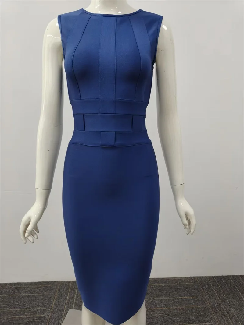 

Blue Beige Bandage Women Prom Dress Sexy Sleeveless Midi Sheath Mermaid Party Gown Autumn Formal Wedding Guest Birthday Robe