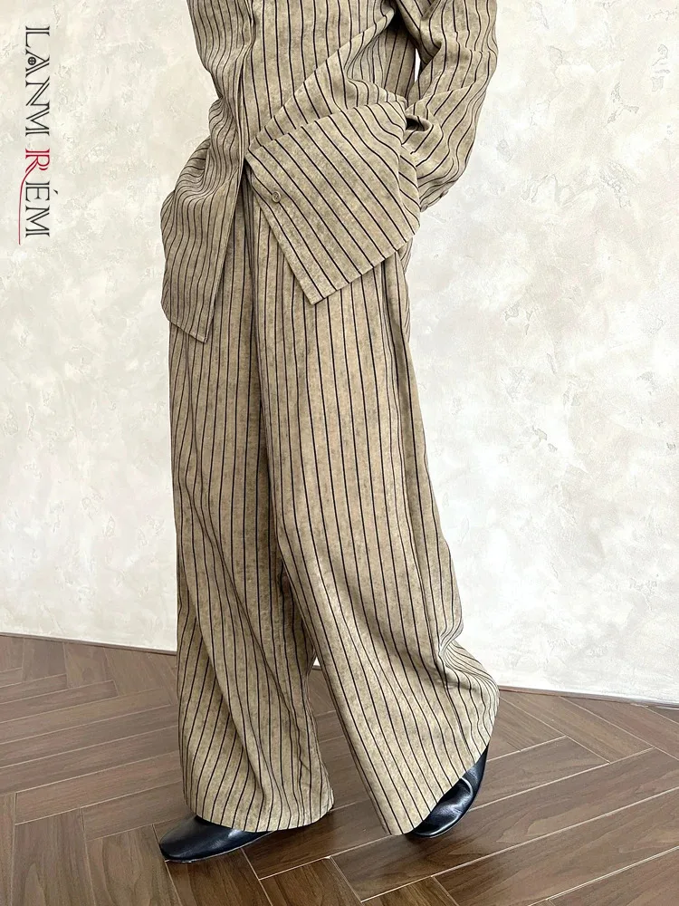 [LANMREM] High Waist Striped Contrast Color Pants Women Straight Wide Leg Trousers Office Lady Clothing 2024 Autumn New 26C684