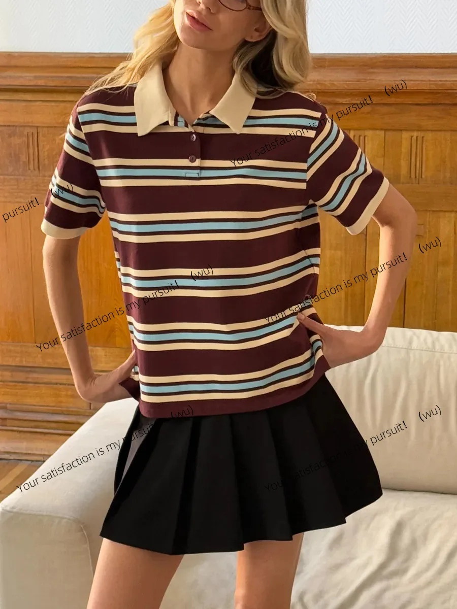 

ZOCI-Ladies Casual Short Sleeve T-Shirt, Polo Shirt with Striped Contrast Lapel and Buttons, 2025 Vintage Fashion Top