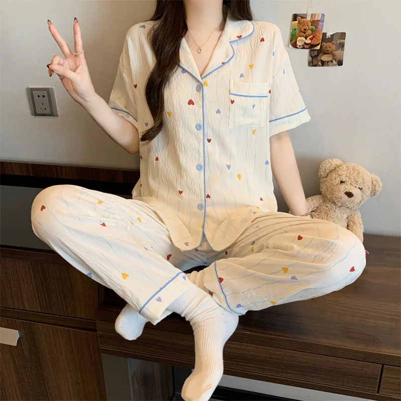 New Korean-Style Simple Cloud Cotton Pajamas for Summer, Women's Short-Sleeve and Long Pants, Heart-Shaped Ins-Style Loungewear