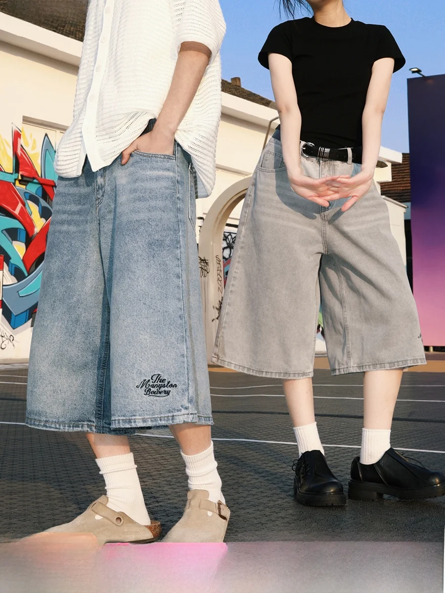 

Джинсы MANYSTON American High Street Waed Seven-Five, мужские летние трендовые повседневные свободные прямые джинсы из смеси хлопка и полиэстера