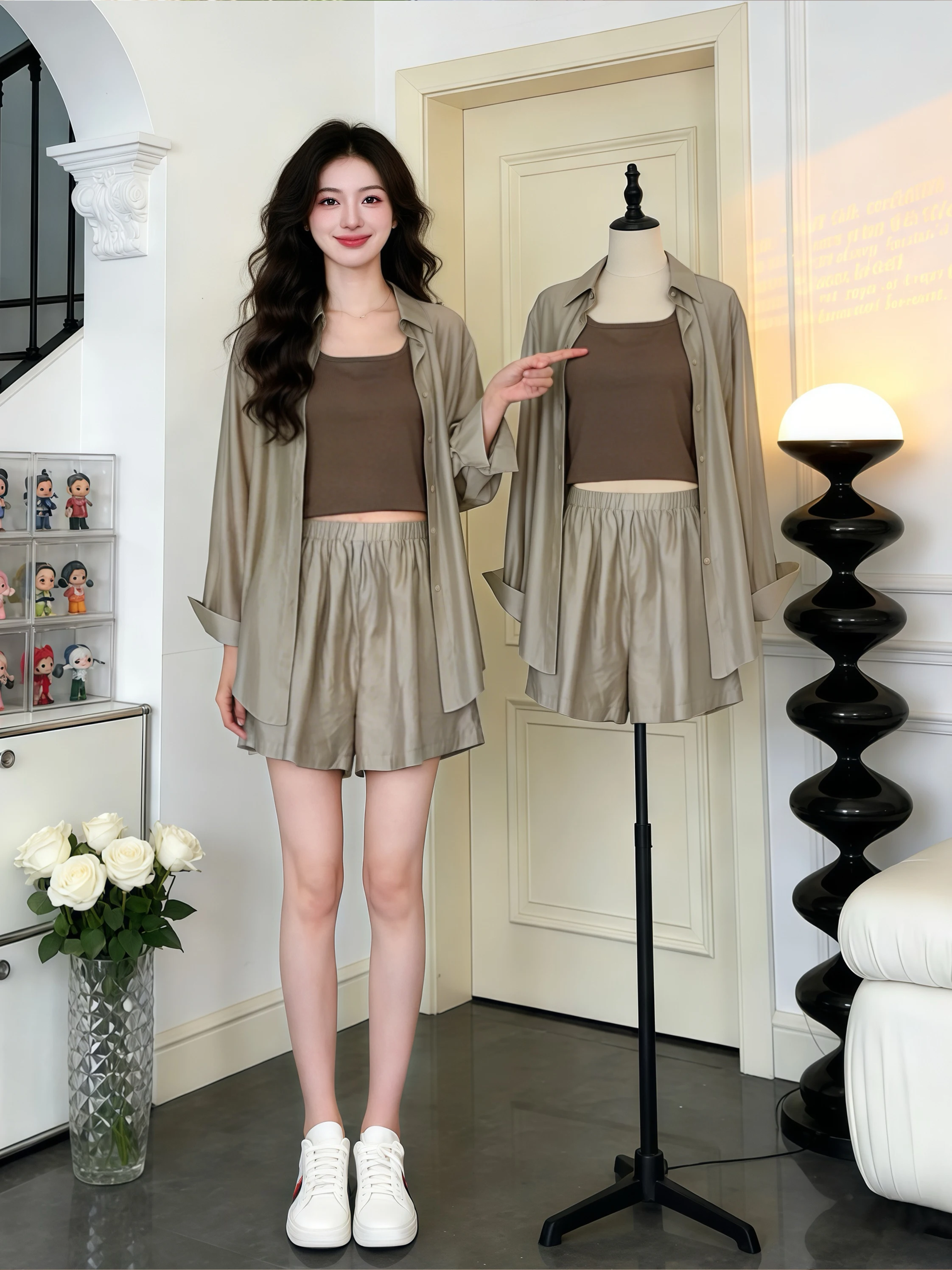 

Summer Ladies' Sun Protection Shirt Set with Inner Vest And Short Pants Three-Piece Suite Fashionable Commute Style Lightweight