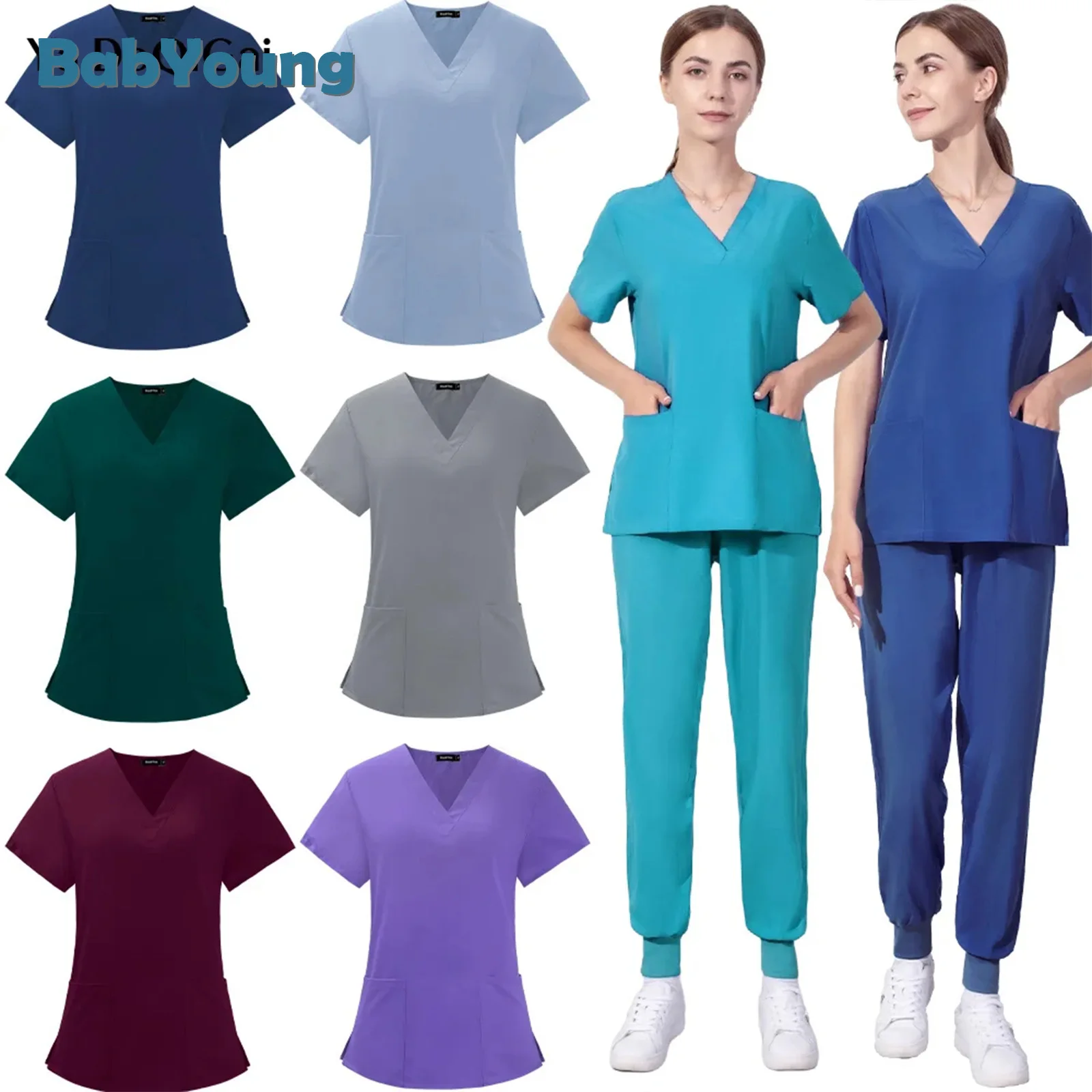 Abbigliamento da lavoro pantaloni da allattamento elastico all'ingrosso uniforme da lavoro donna manica corta collo top dentale ospedale scrub abiti