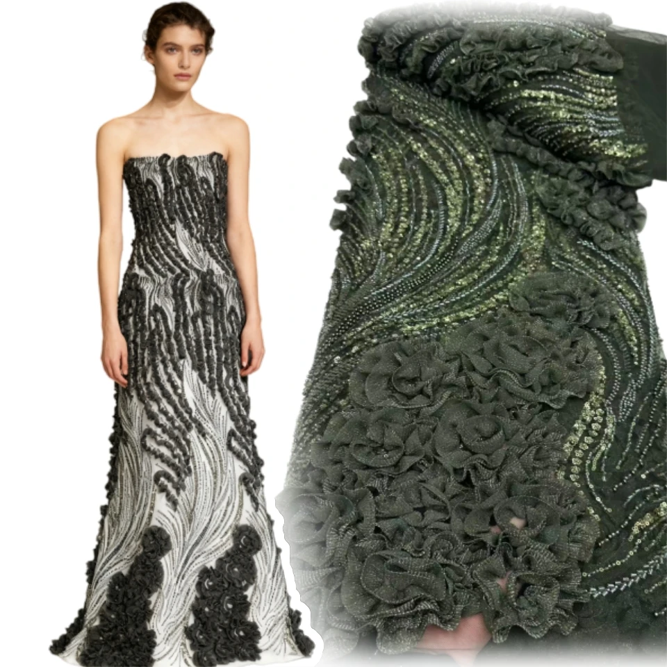 

Latest African 3D Embroidery Beaded Lace Fabric 2025 French Sequins Mesh Lace Fabric Nigerian Tulle Lace for Party Dress CC1804