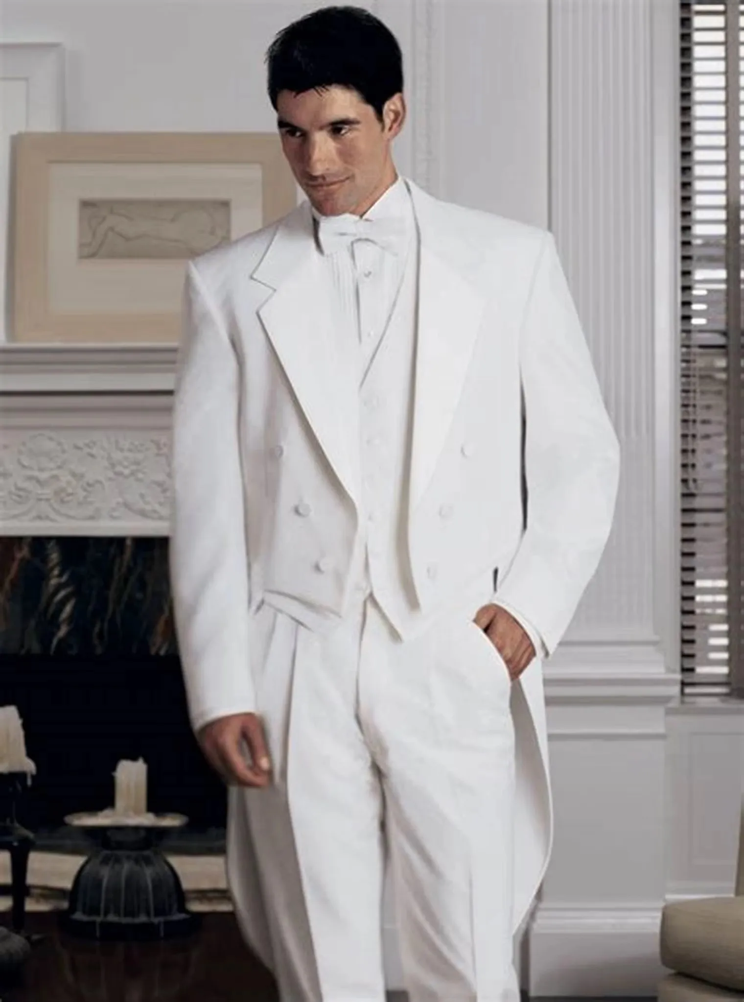Immagine 4: Bianco da uomo 3 pezzi cappotto posteriore smoking da sposo abiti da cena cappotto a coda di rondine gilet e pantaloni abiti da uomo formali per la festa
