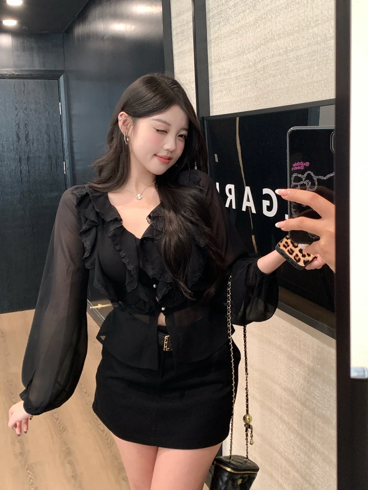 

Женская блузка Liz Miss Pure Desire из плотного жемчужного шифона с длинным рукавом, приталенная, с V-образным вырезом, дышащая