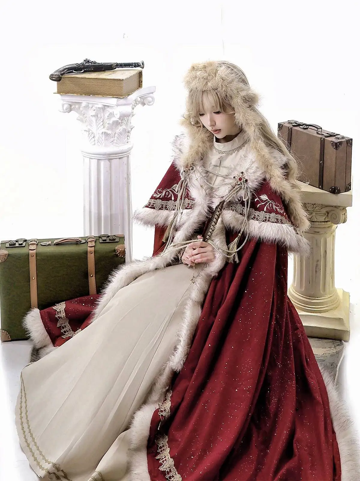 Royal Crown Christmas New Year Plush Lolita Dress Cloak Set Autumn Winter Cosplay view 3