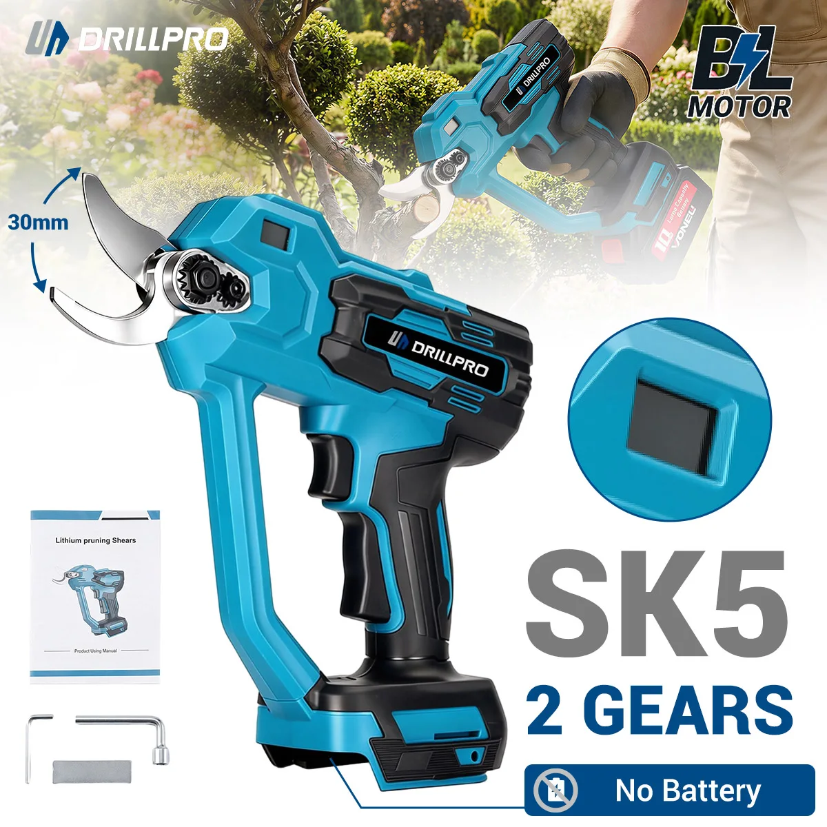 Drillpro 21V Brushless Motor Electric Pruner Shear SK5 High Carbon Steel Blade 30mm Cutting Diameter for 21V Mak Battery