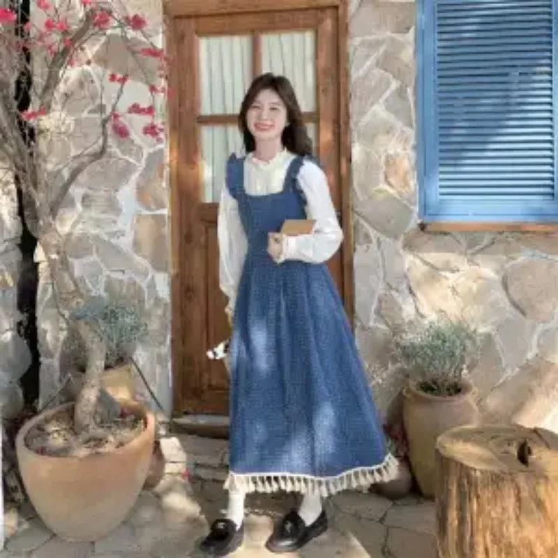 Fresh Style Women Ruffle Blouse And Tassel Denim Strap Maxi Dress Two Piece Set Plus Size S To 6XL