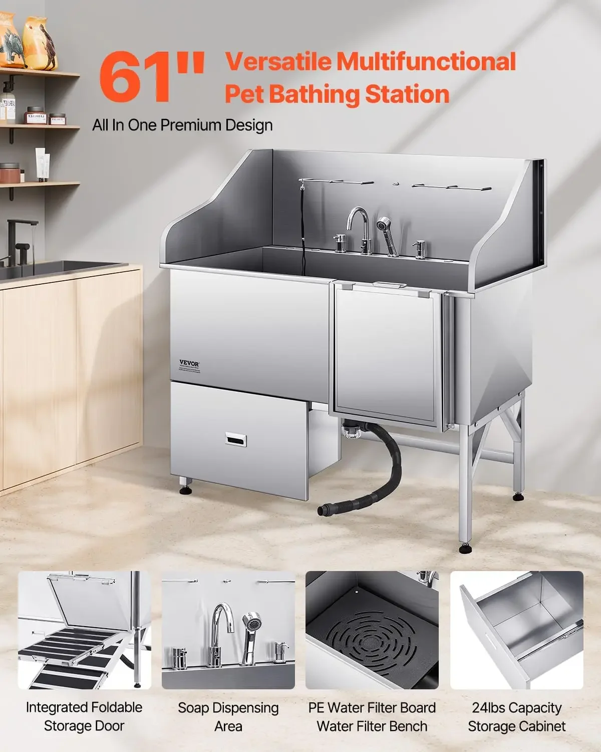 Professional 304 Stainless Steel Dog Bathing Station, 61 inch Pet Grooming Tub w/Anti-Slip ramp, Storage Drawer, Cold Hot