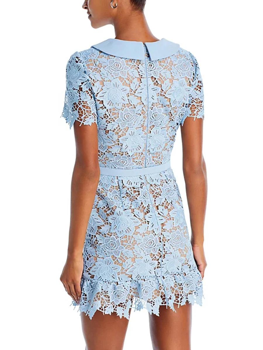 VGH Aushöhlen Stickerei Solide Kleider Für Frauen Revers Kurzarm Hohe Taille Verstärktes Tasche Sommer Mini Kleid Weibliche Mode
