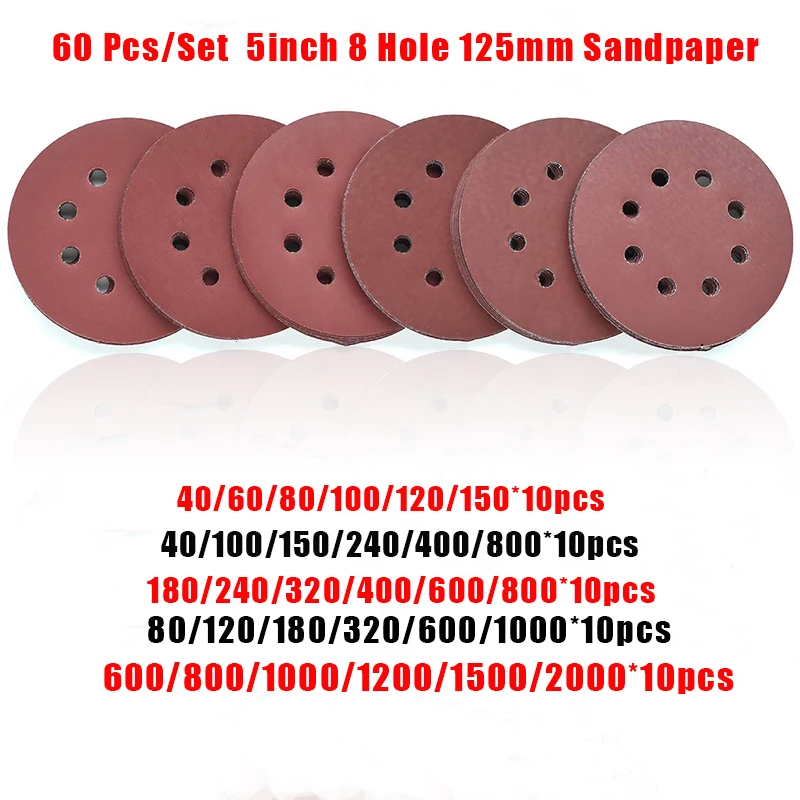 

60 шт./компл., 5 дюймов, 8 отверстий, 125 мм, наждачная бумага, деревообрабатывающий шлифовальный диск по металлу, абразивный полировальный инструмент, шлифовальные диски с зернистостью 40-2000