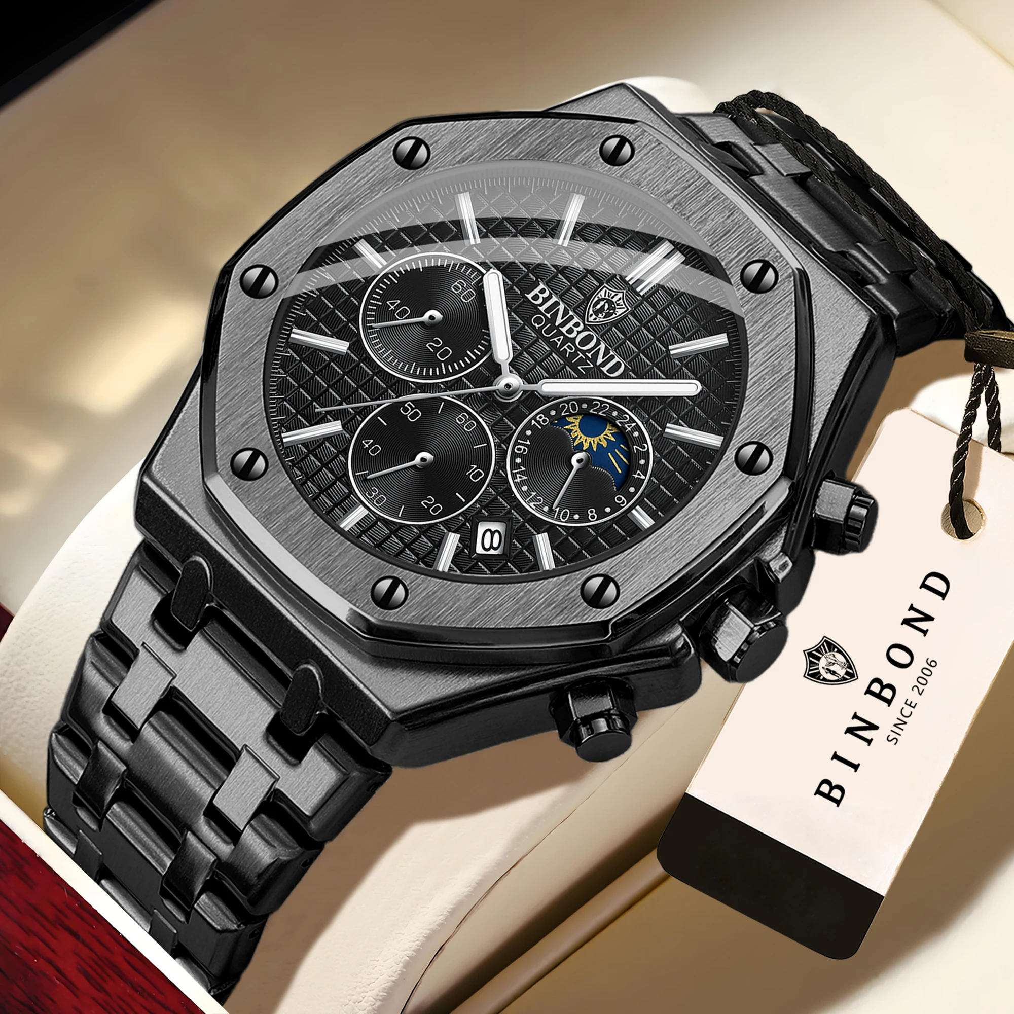 BINBOND Luxury Quartz Wristwatches Luminous Waterproof Auto Date Chronograph Men's Watch Business Sport Watch For Men Reloj