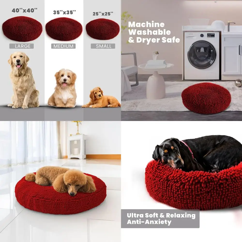 

Средняя красная кровать для собак и кошек в форме пончика, мягкая синель, съемный моющийся чехол