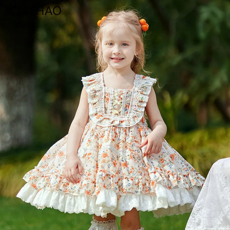 

ICJAEHAO 2024 Flowers Printing Girl Dress Sleeveless Lace Lolita Children Dresses Newborn Communion Gala Costumes Princess dress