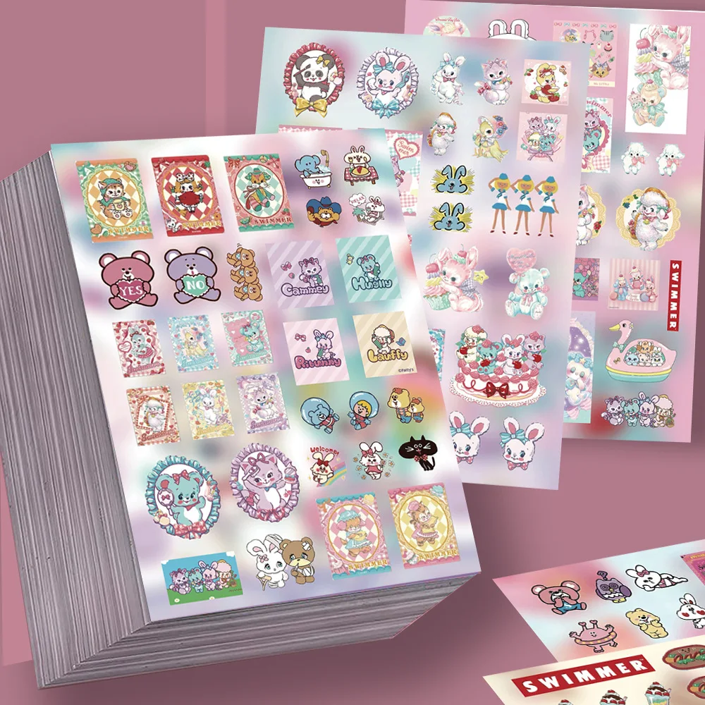 8Sheets Kawaii Swimmer Stickers Japanese Retro Cute Animal Cartoon Little Sheep Rabbit Waterproof Decorative Water Cup Stickers
