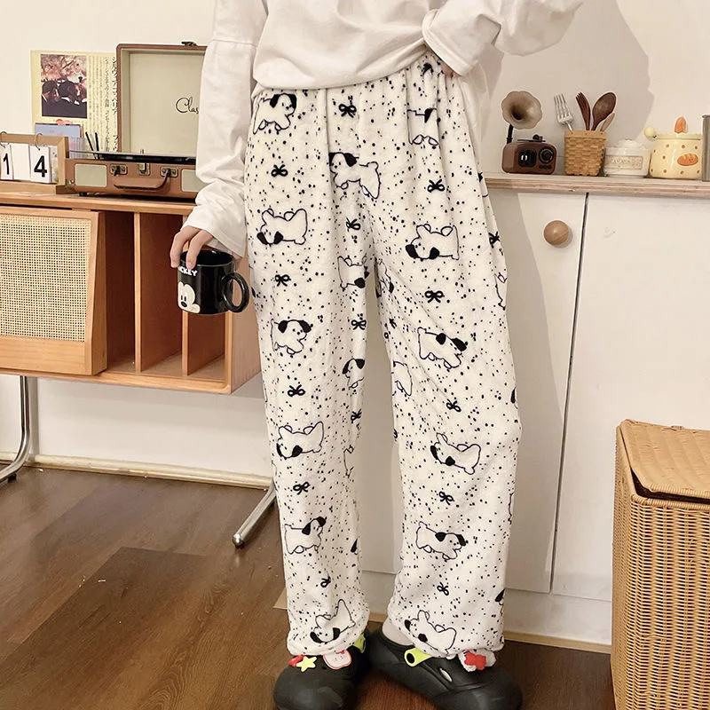 Black Cat Cartoon Pajamas Pants Kawaii Christmas PJS Korean Women Winter Warm Fluffy Flannel Sleepwear Girls Cute PJ Pants