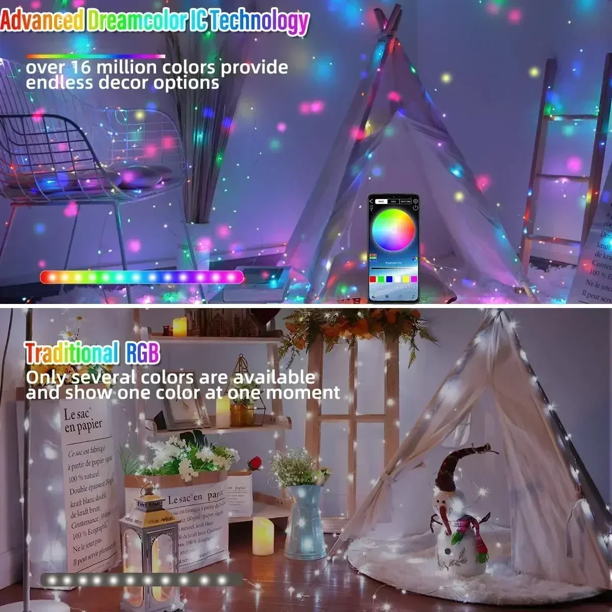 RGB اللون تغيير سلسلة أضواء الجنية APP التحكم عن بعد USB التوصيل لغرفة النوم خلفية داخلي في الهواء الطلق عيد الميلاد الديكور