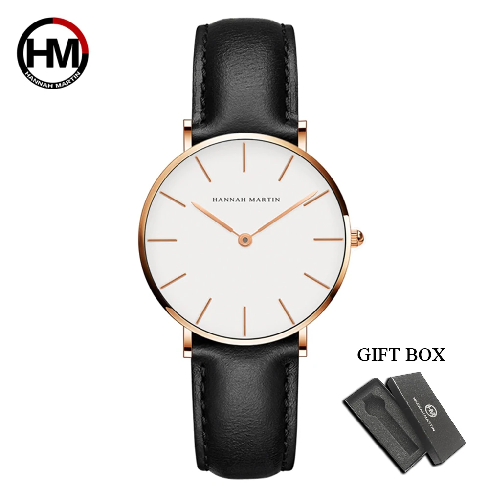 

Hannah Martin Brand Simple Leather Women Watch Japanese Movement Quartz Wristwatch Fashion Clock Black Gift Box relógio feminino