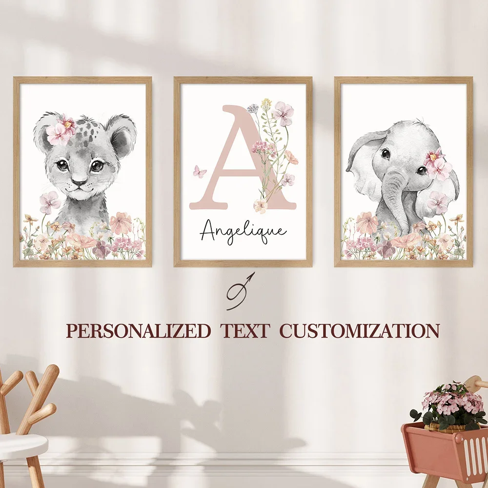 Personalized Name Custom Art Cartoon Animal Canvas Picture Flowers Picture  Kindergarten Decor Poster Kid Bedroom Decor No Frame