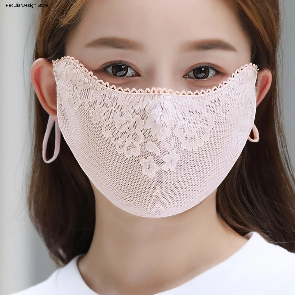 Thin Solid Color Sunscreen Lace Mask Flower Sunshade Sunscreen Face Cover Hanging Ear Adjustable Strap UV Protection Mask Hiking