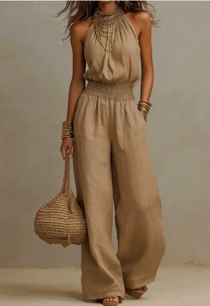 

Women Casual Jumpsuit Halter Neck Tie Open Back Elastic Smocked High Waist Pockets Loose Wide Leg Pants Summer Vacation Romper