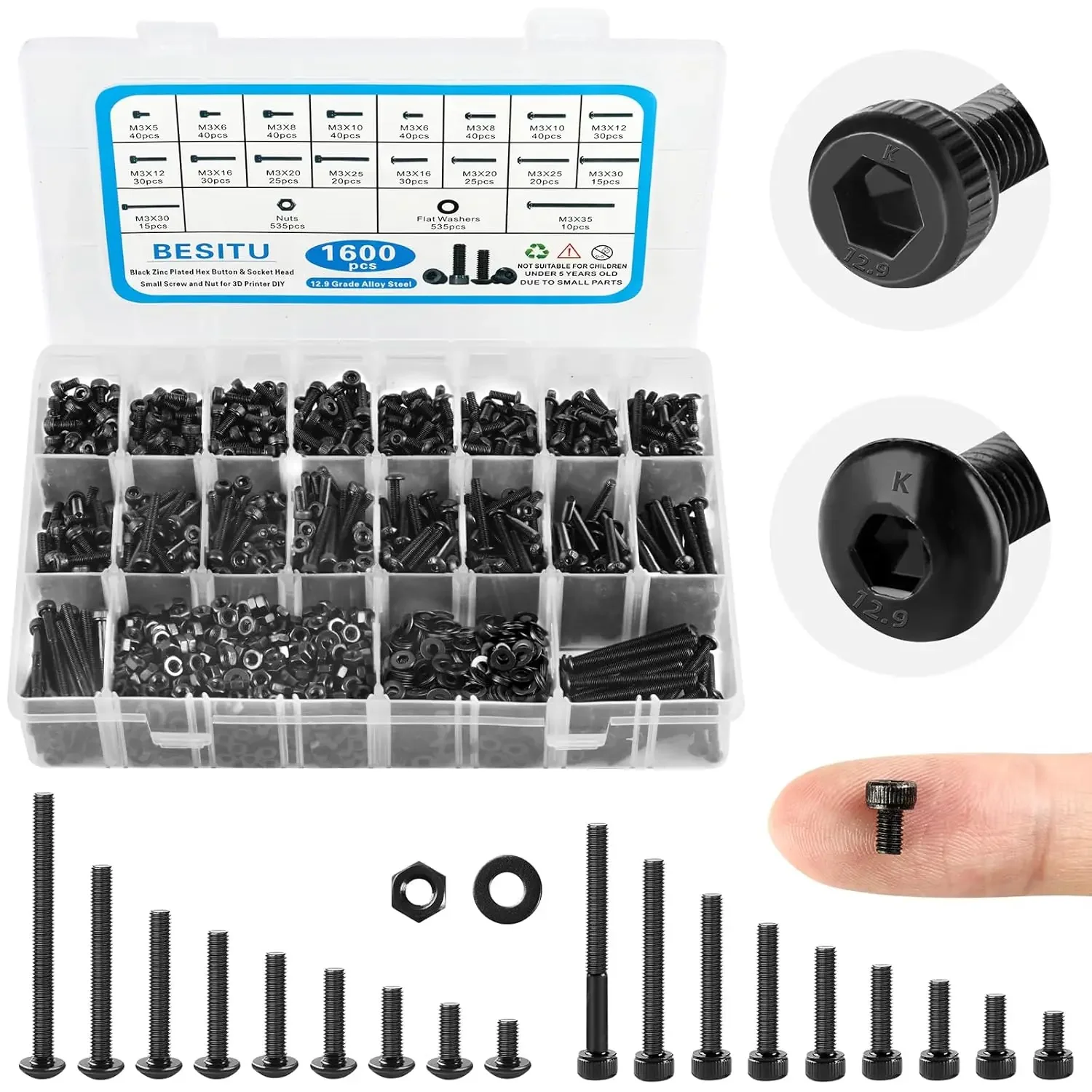 

1600Pcs M3 Screw Kit, 12.9 Grade Alloy Steel Hex Socket Button & Cap Head Metric Screw Assortment with Nuts Washers for 3D Printing