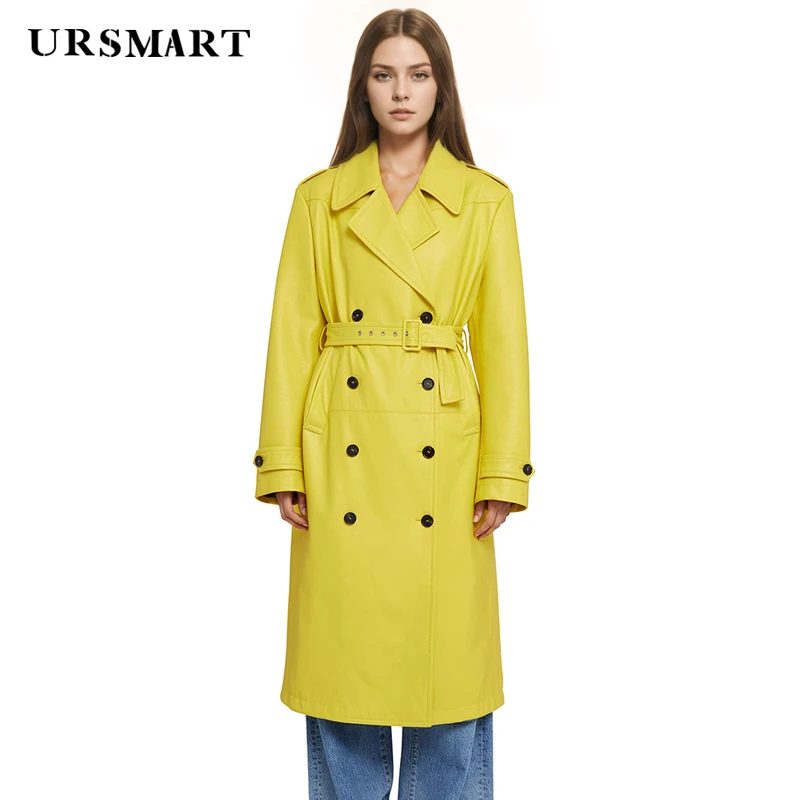 Women\'s winter sheepskin trench coat yellow fashion long length double breasted classic  Trendy leather jacket