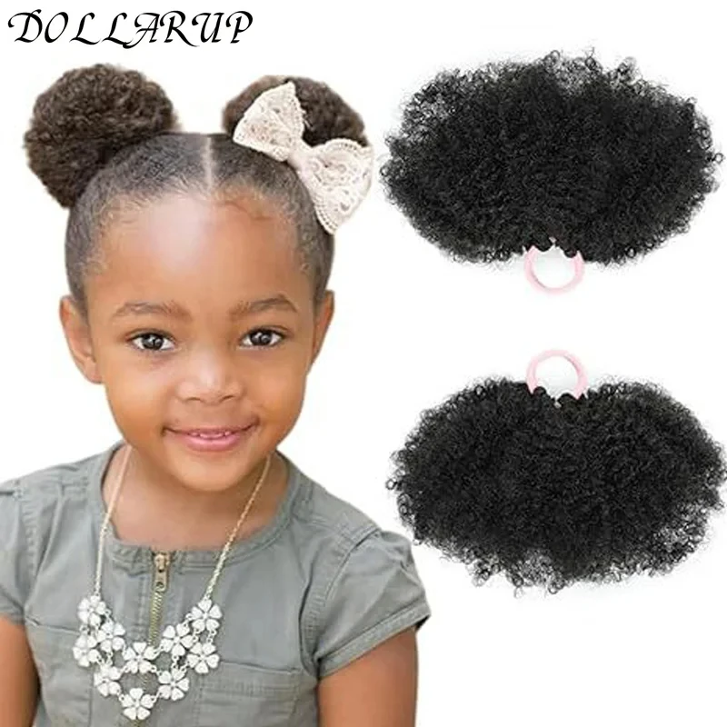 

2Pcs Kids Puff Ponytail Synthetic 3inch Black Mini Afro Kinky Curly Hair Bun For Little Girls Comfortable Lightweight Hairpieces